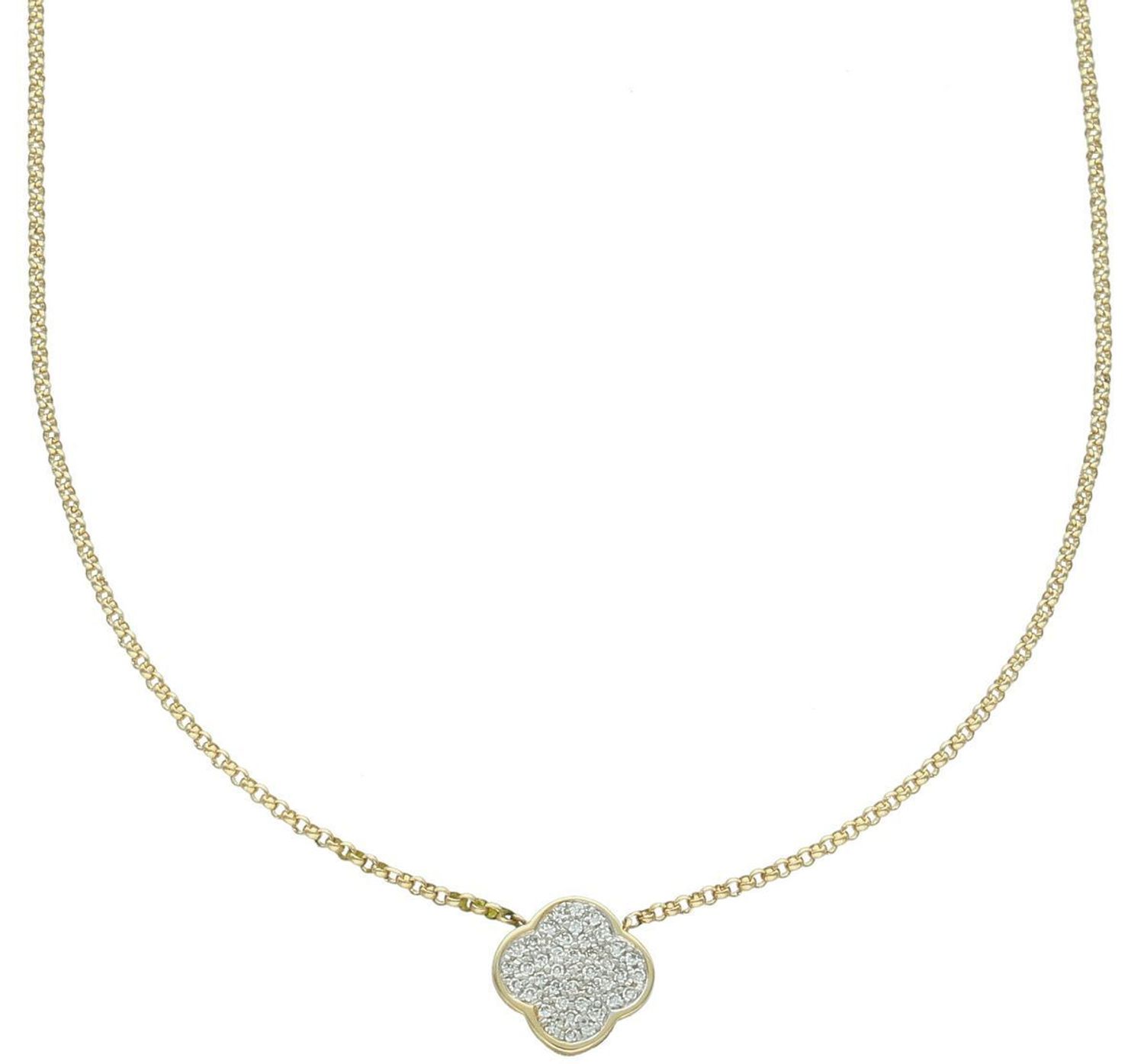 Złoty naszyjnik damski koniczyna z białymi diamentami 585 N10163 Y Zawieszka posiada 41 białych brylantów wielkości 0,09 ct, czystości SI oraz barwie H. 1.jpg